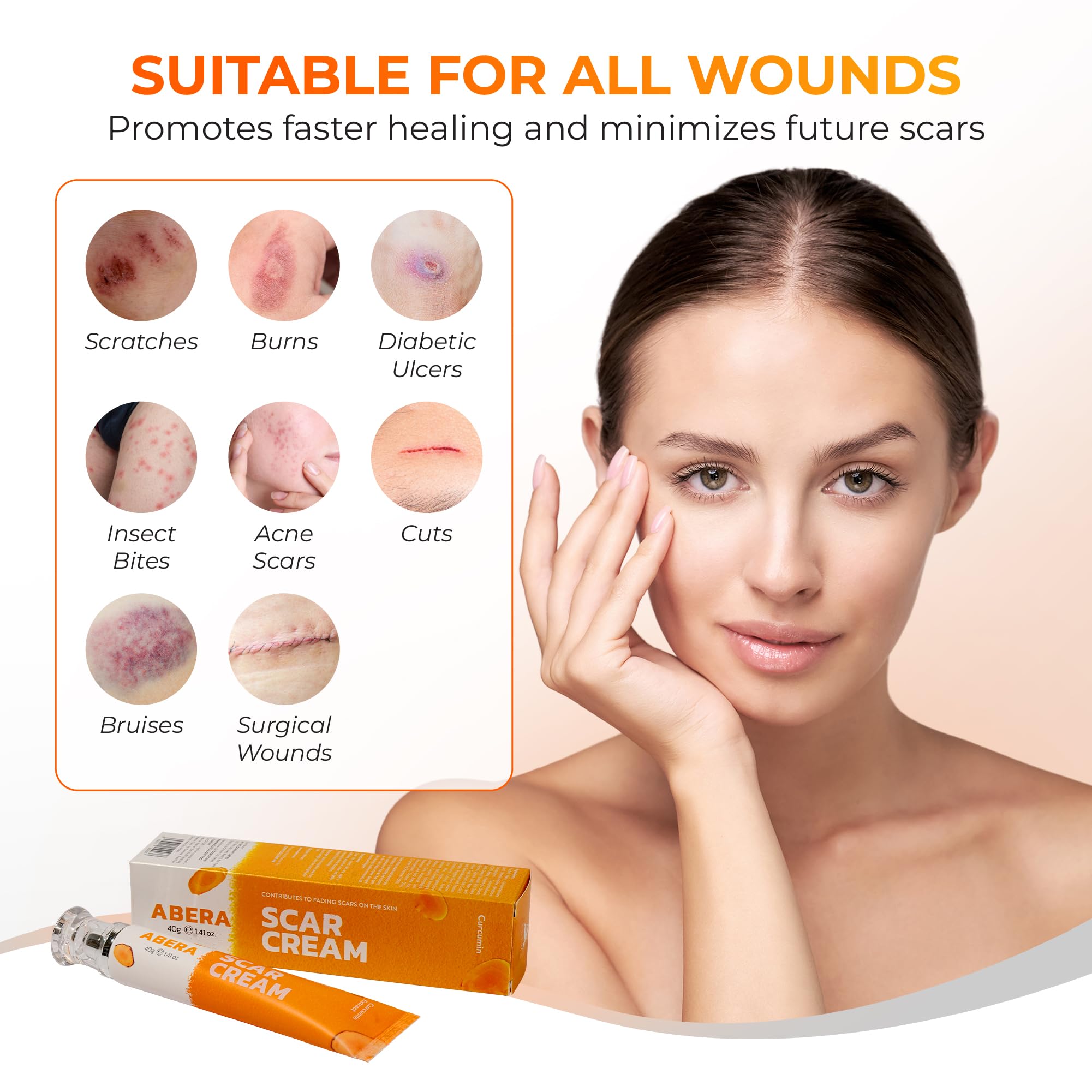 ABERA red turmeric scar cream ingredients highlight red turmeric and onion extract for regeneration.