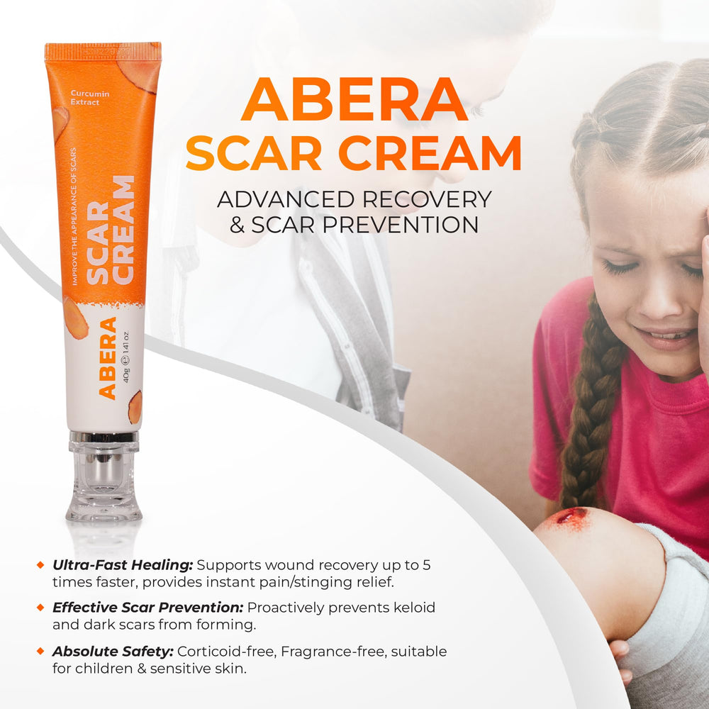 ABERA scar cream application closeup demonstrates soothing, easy-to-apply skincare.