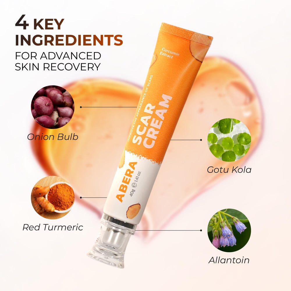 ABERA scar cream before‑and‑after visuals suggest improved skin texture.