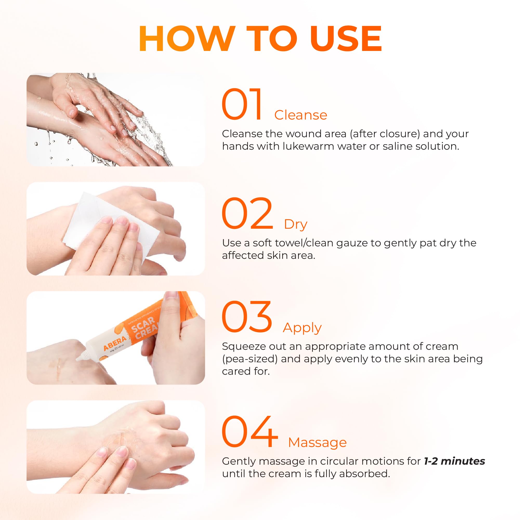 ABERA scar cream applied on the hand demonstrates everyday-use practicality.