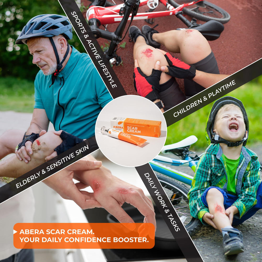 ABERA scar cream travel packaging highlights compact size for on‑the‑go use.