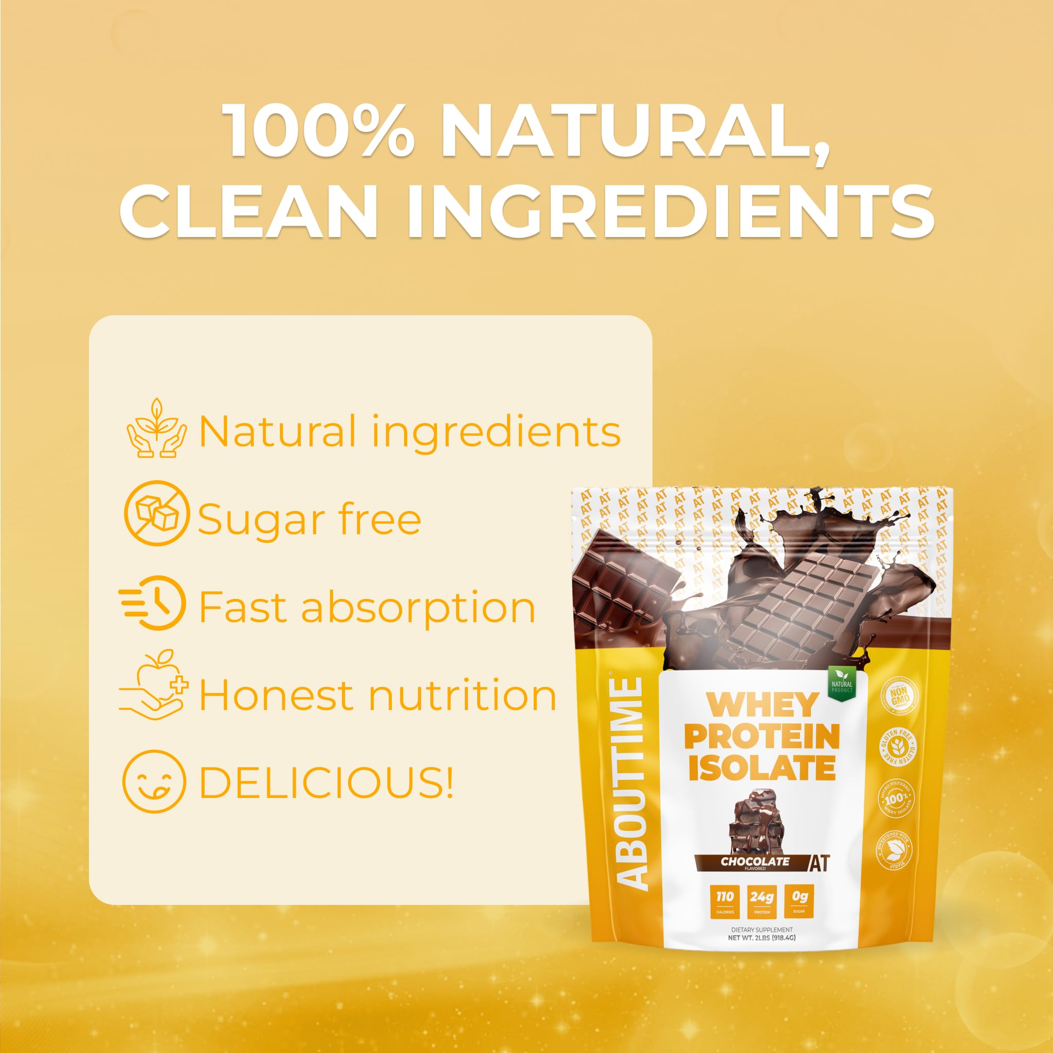 About Time Whey Protein Isolate packaging box highlighting gluten free and non GMO ingredients