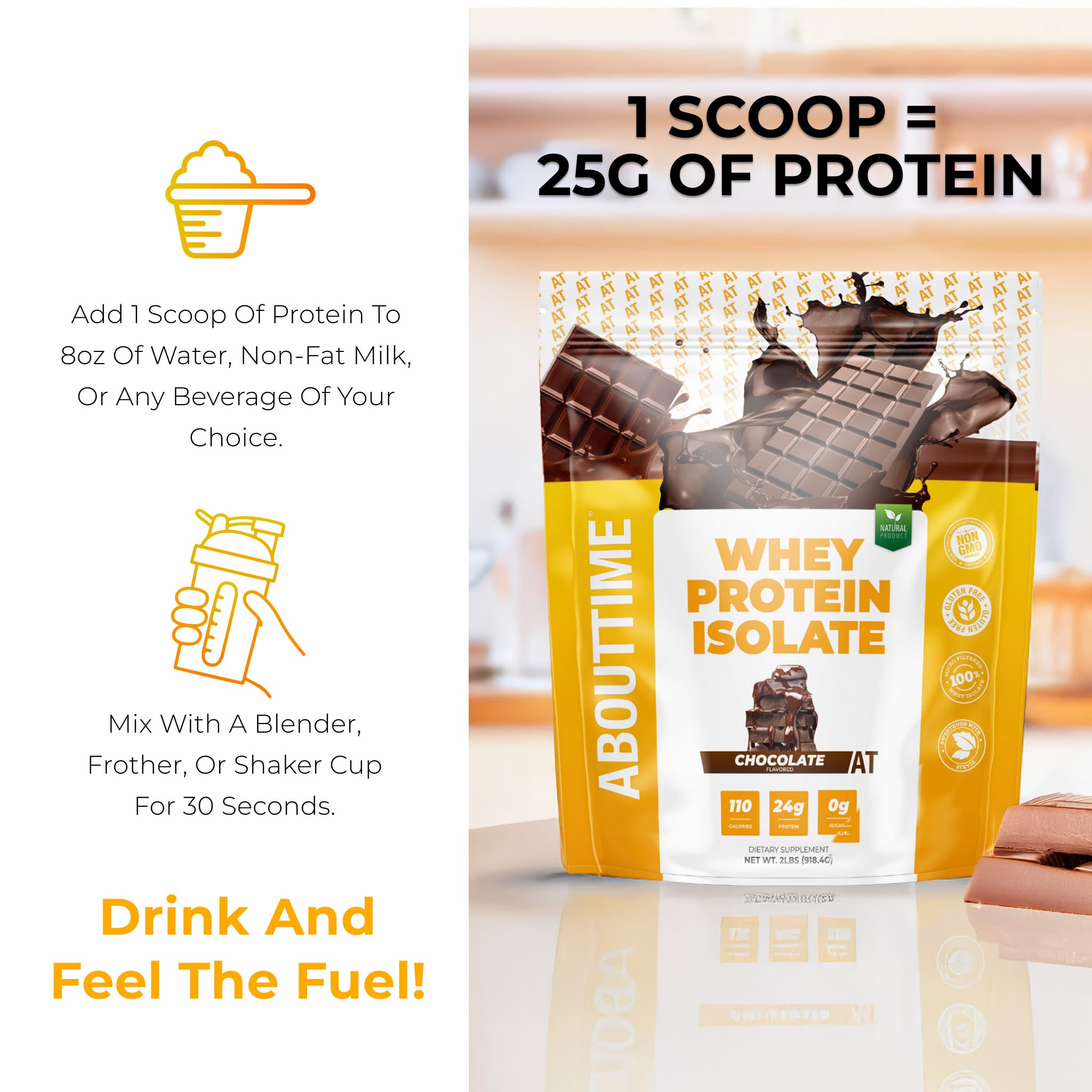 About Time Whey Protein Isolate serving ideas with smoothie and breakfast option