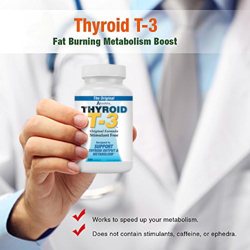 Thyroid T-3 bottle with glass showing unflavored capsules
