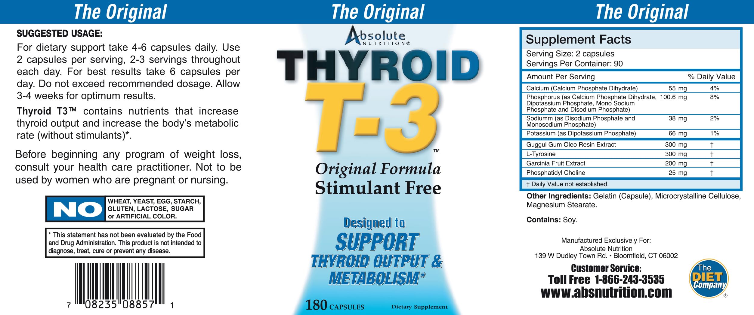 Supplement facts image for Absolute Nutrition Thyroid T-3 energy support