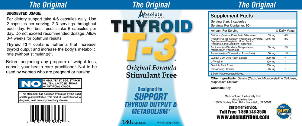 Supplement facts image for Absolute Nutrition Thyroid T-3 energy support
