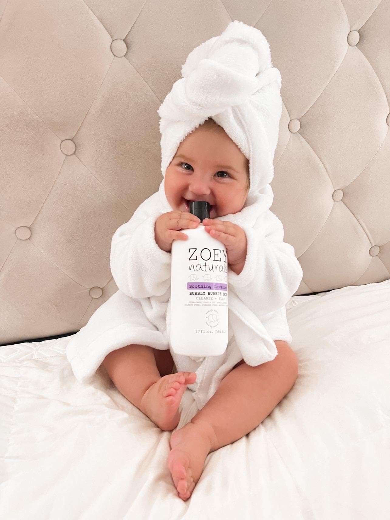 Zoey Naturals kid in tub visual hints at tear-free bedtime routines.