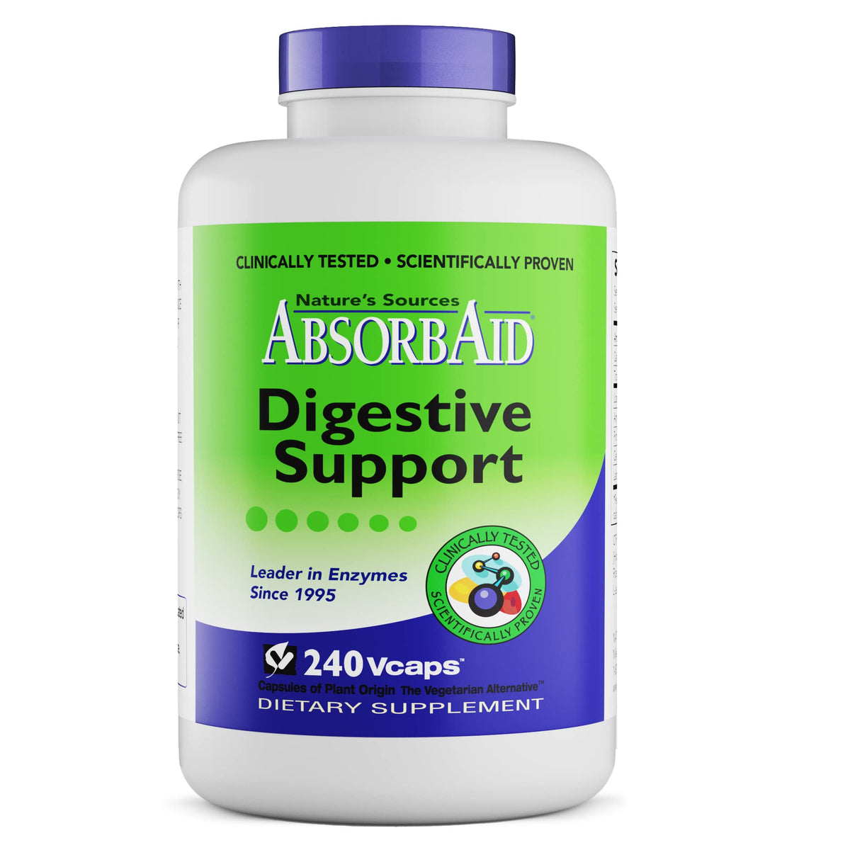 AbsorbAid Digestive Enzymes bottle label clearly showing branding and ingredient highlights for improved digestion support