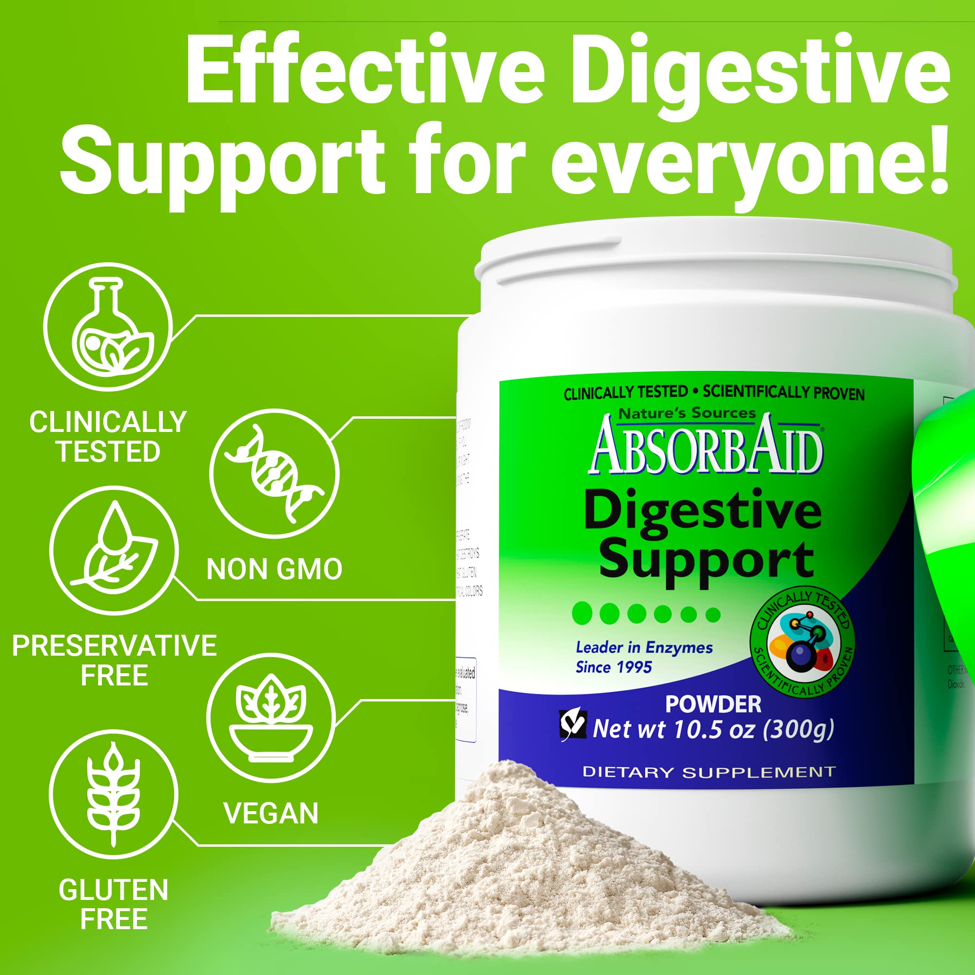 AbsorbAid bottle being poured to illustrate quick usage after meals.
