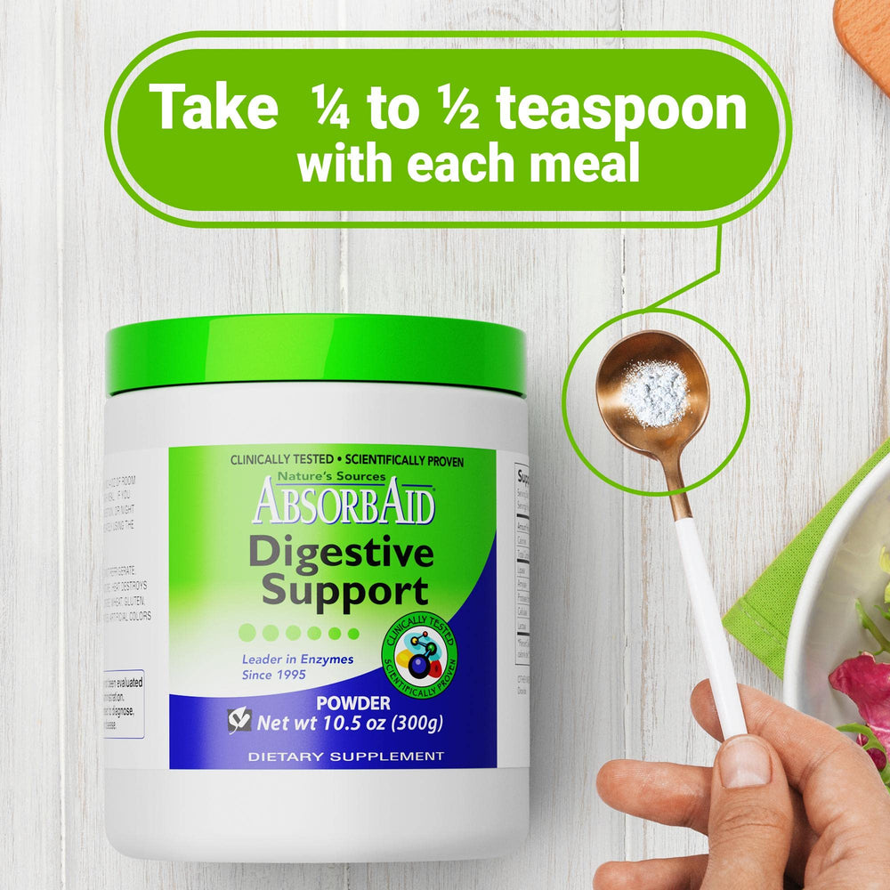 AbsorbAid Digestive Enzymes shown in a kitchen setting with meal context.
