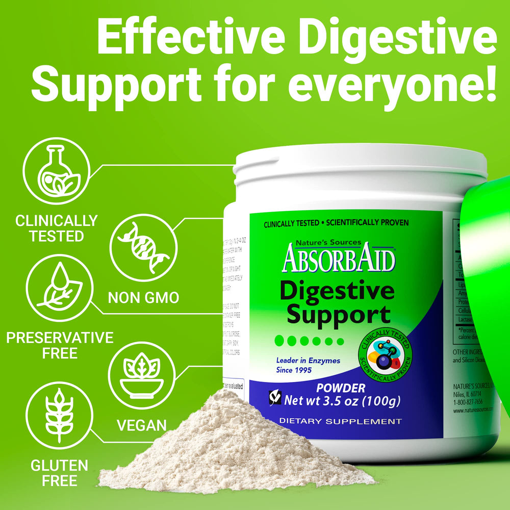 Ingredients panel on AbsorbAid shows protease, lipase, amylase, cellulase, lactase.