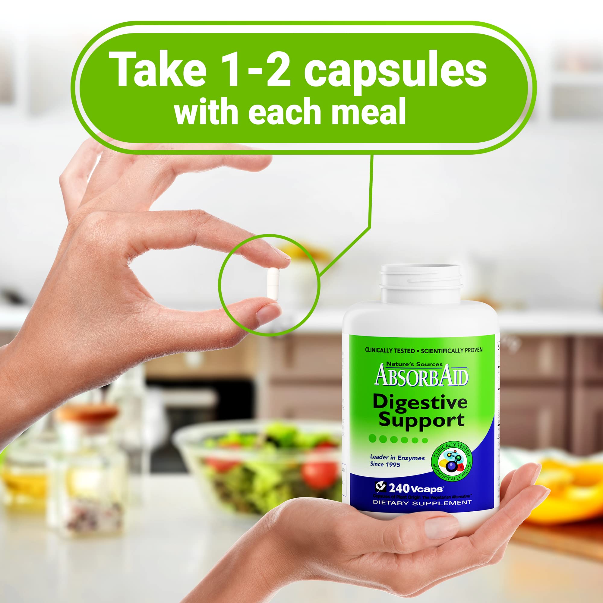 AbsorbAid label detail emphasizing plant-based enzymes and stomach acid resilience