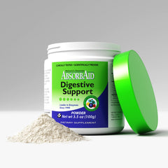 AbsorbAid label highlights plant-based enzymes for protein, fat, and starch breakdown.