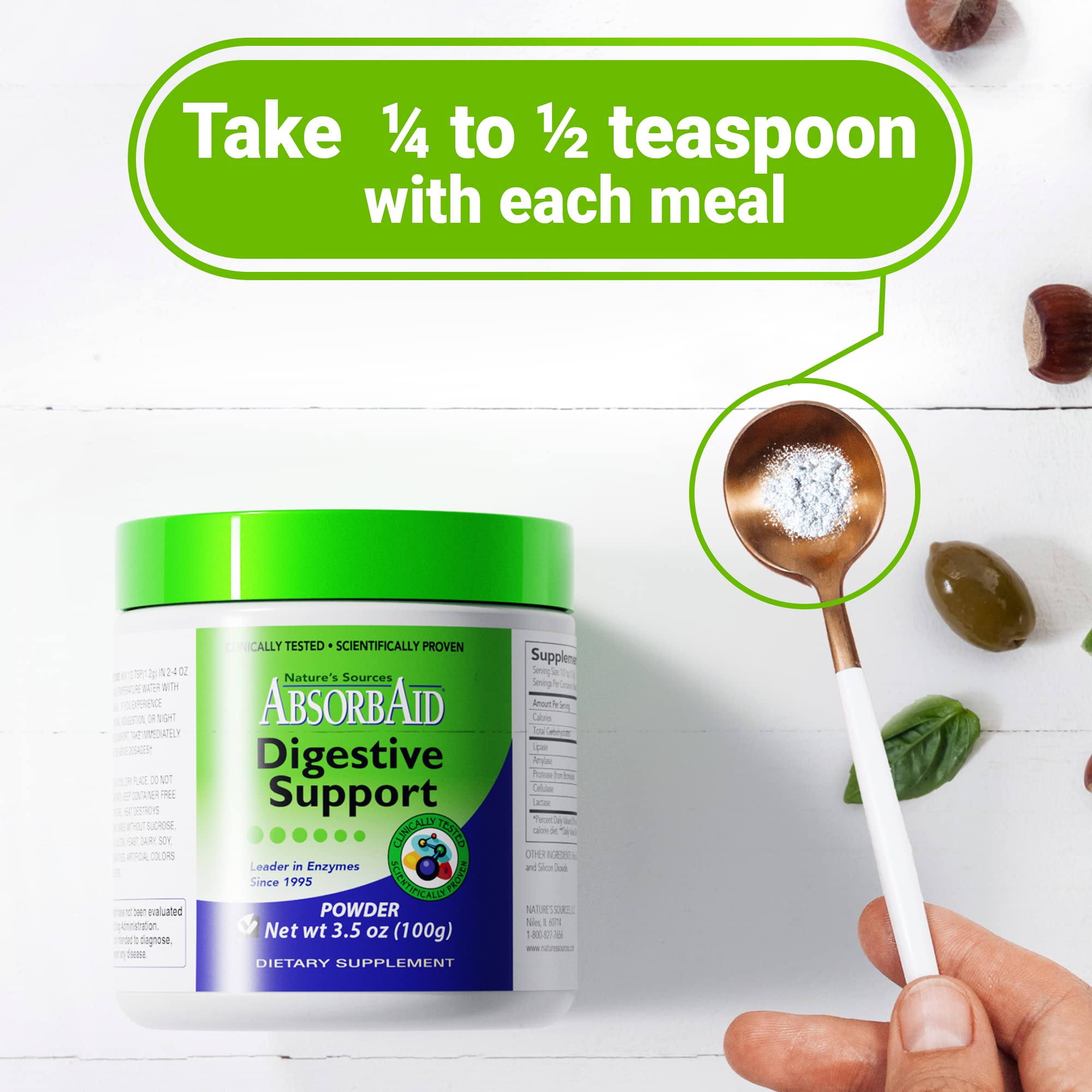 Plant-based enzyme icons on AbsorbAid label emphasize gentle digestion.
