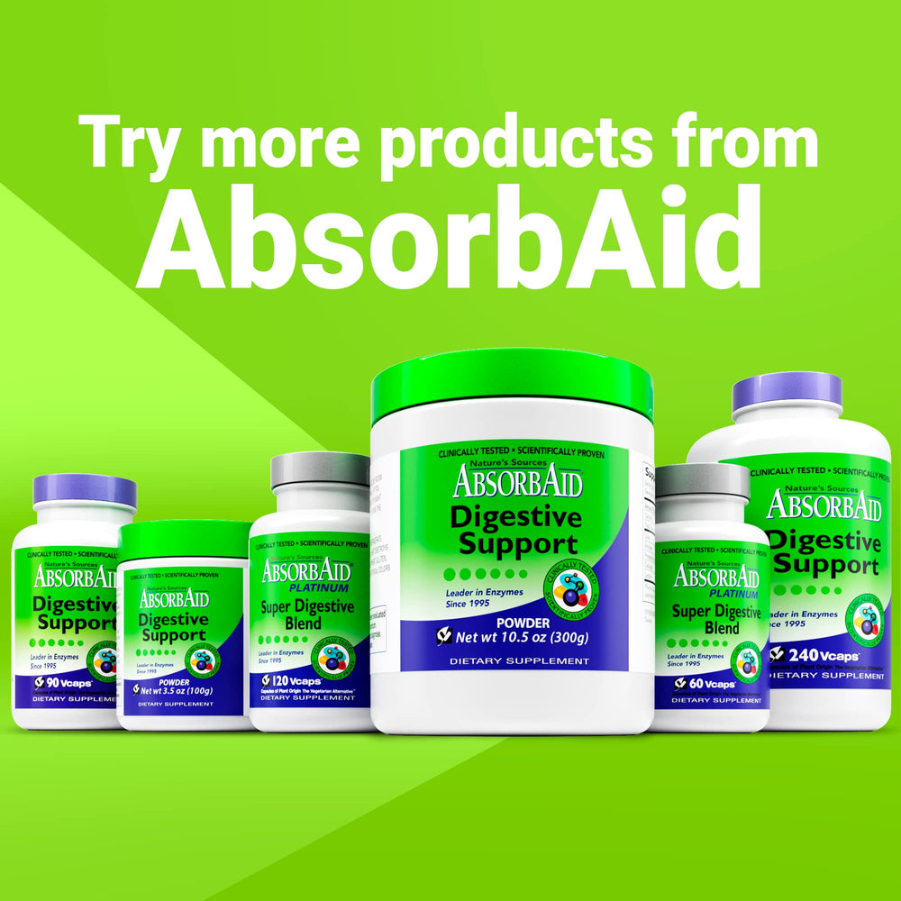 AbsorbAid Digestive Enzymes beside a prepared meal for easy post-meal use.