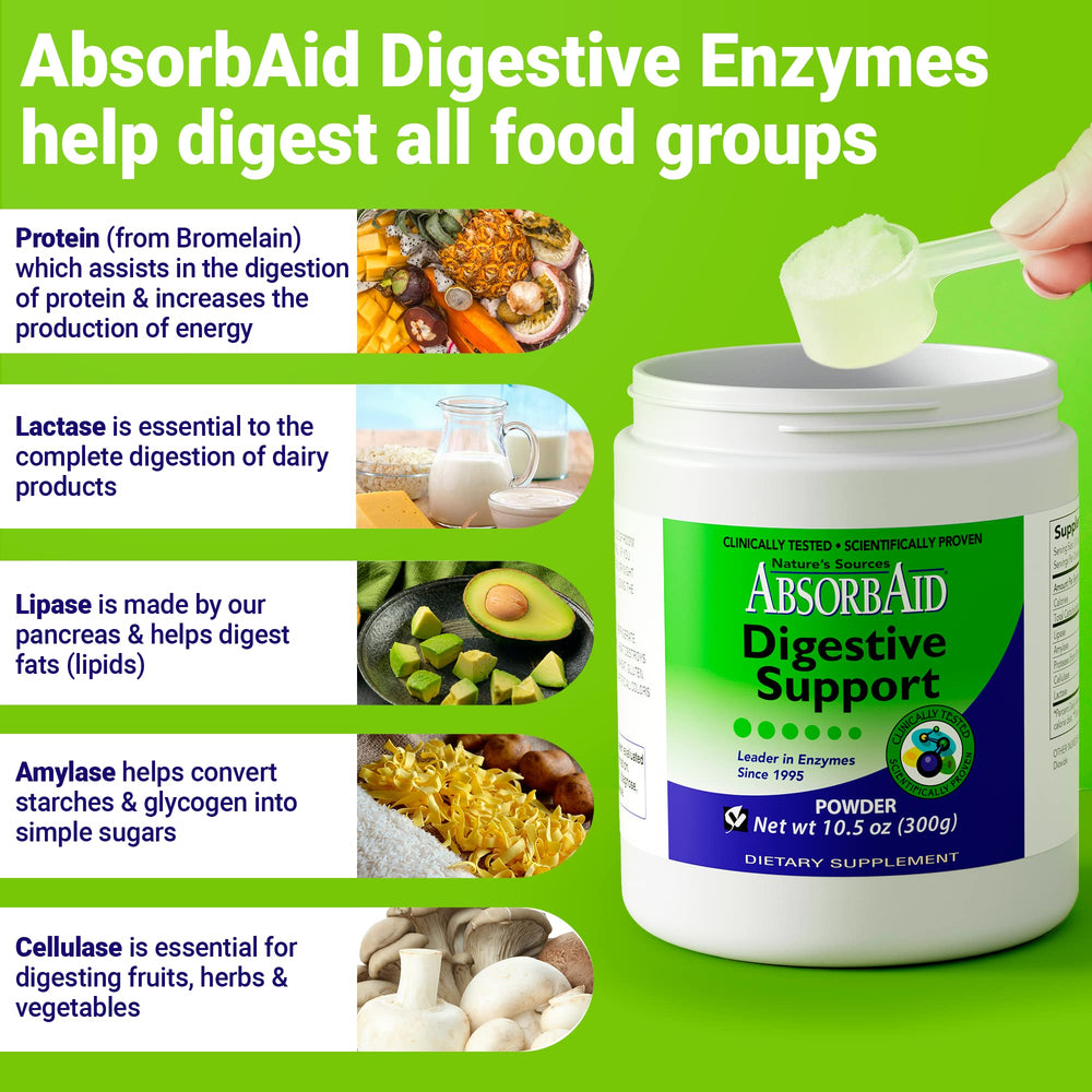 AbsorbAid packaging with ingredients list communicates natural plant-based enzyme solution.