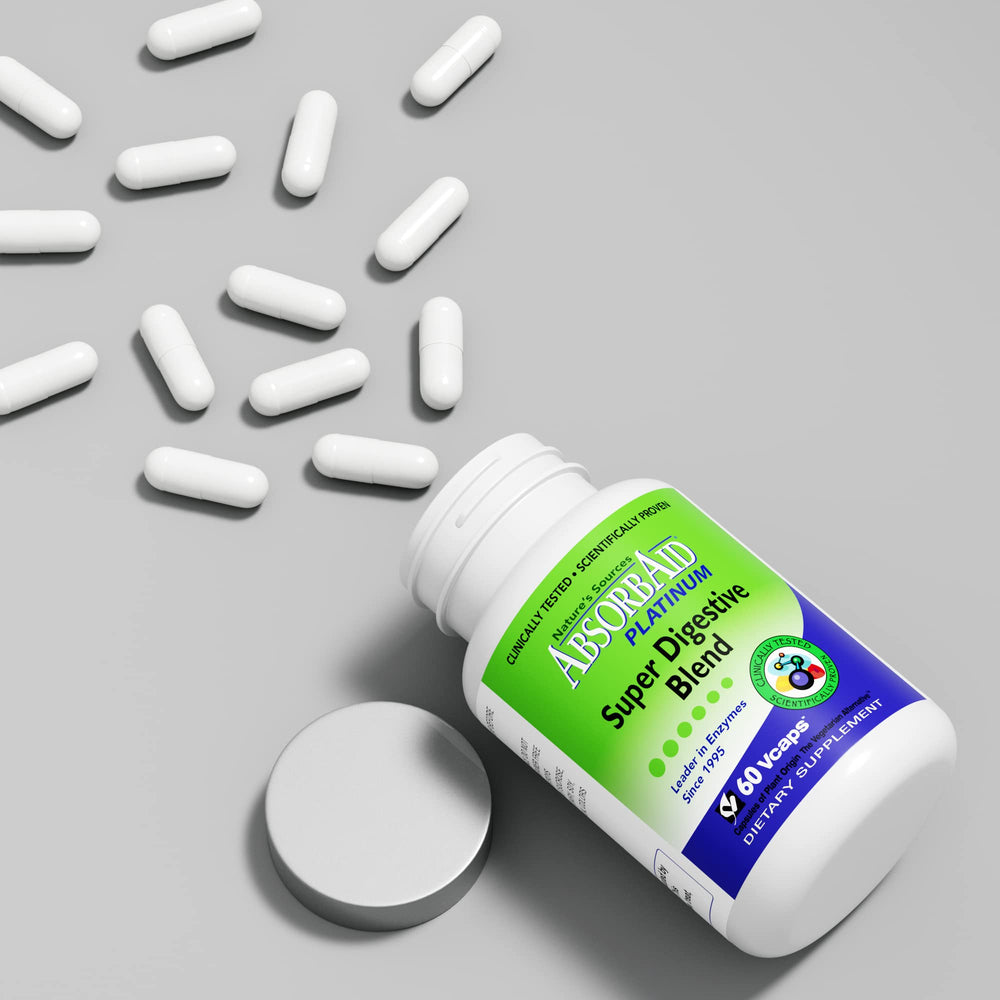 AbsorbAid Platinum label details emphasize 12 enzymes and 2 probiotics