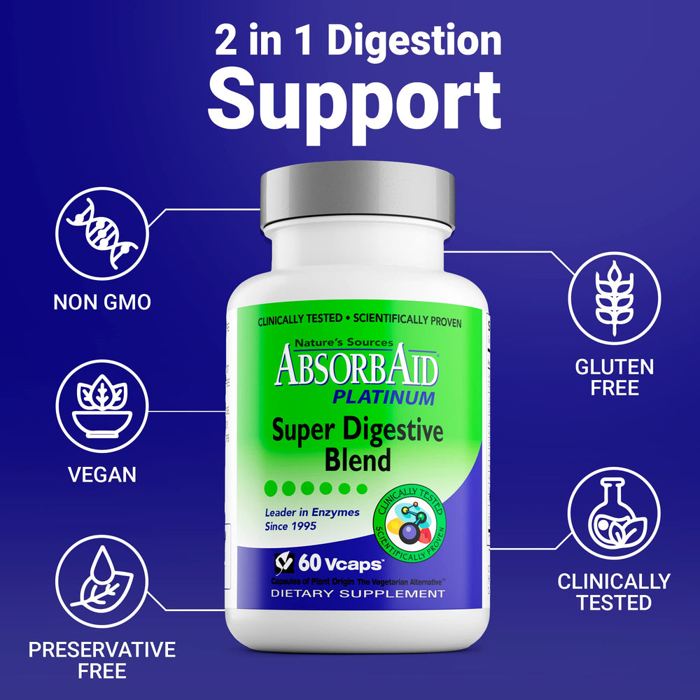 AbsorbAid Platinum probiotics bottle features heat-stable strains for gut balance