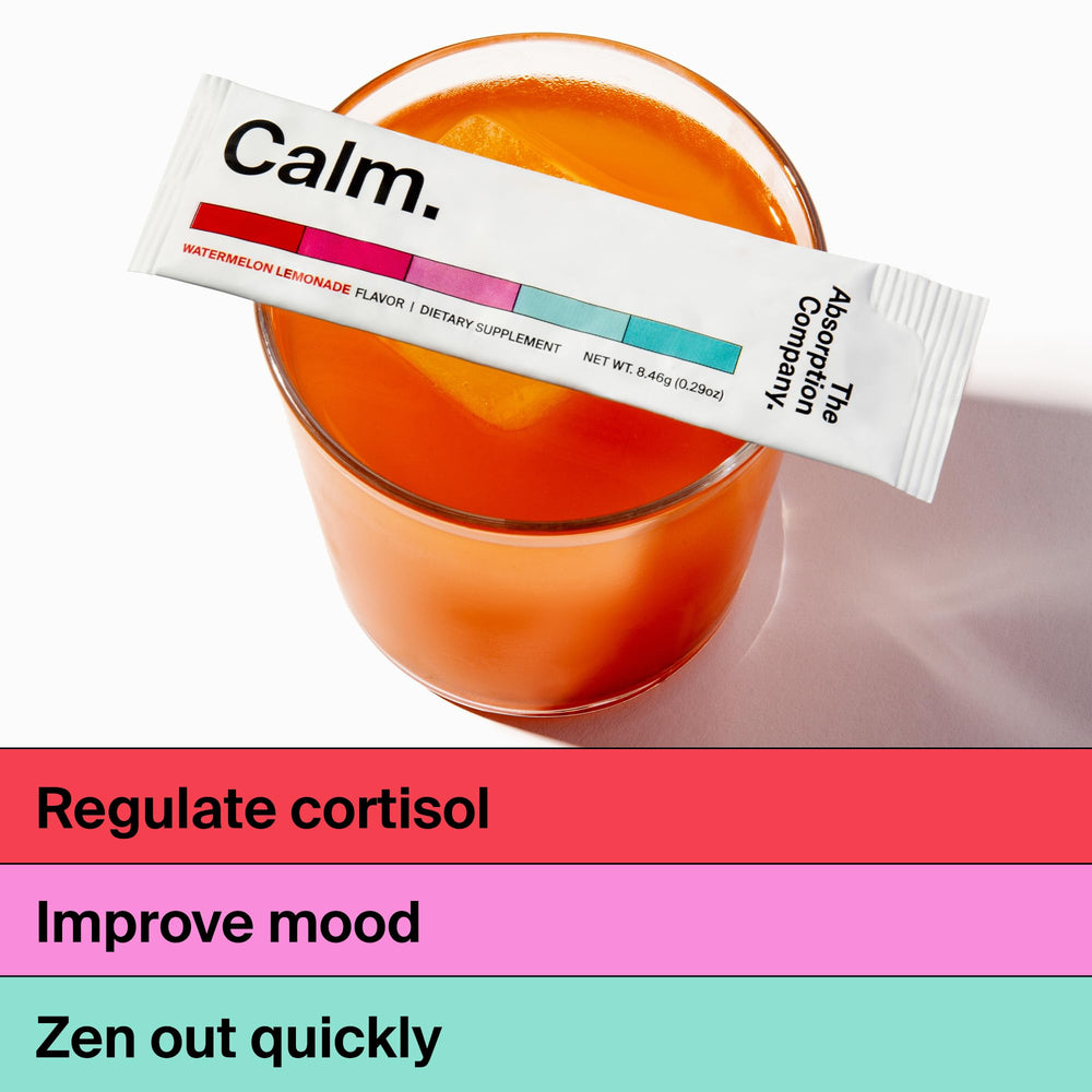 Scoop and packaging of Calm Drink Stick shown beside the bottle for easy use.