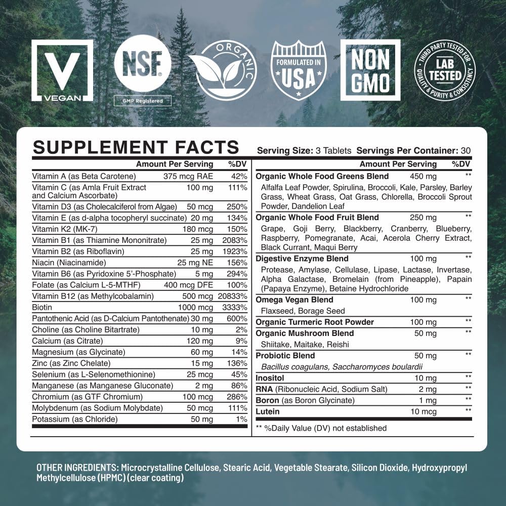Green superfoods with fruits and vegetables highlighted in packaging.