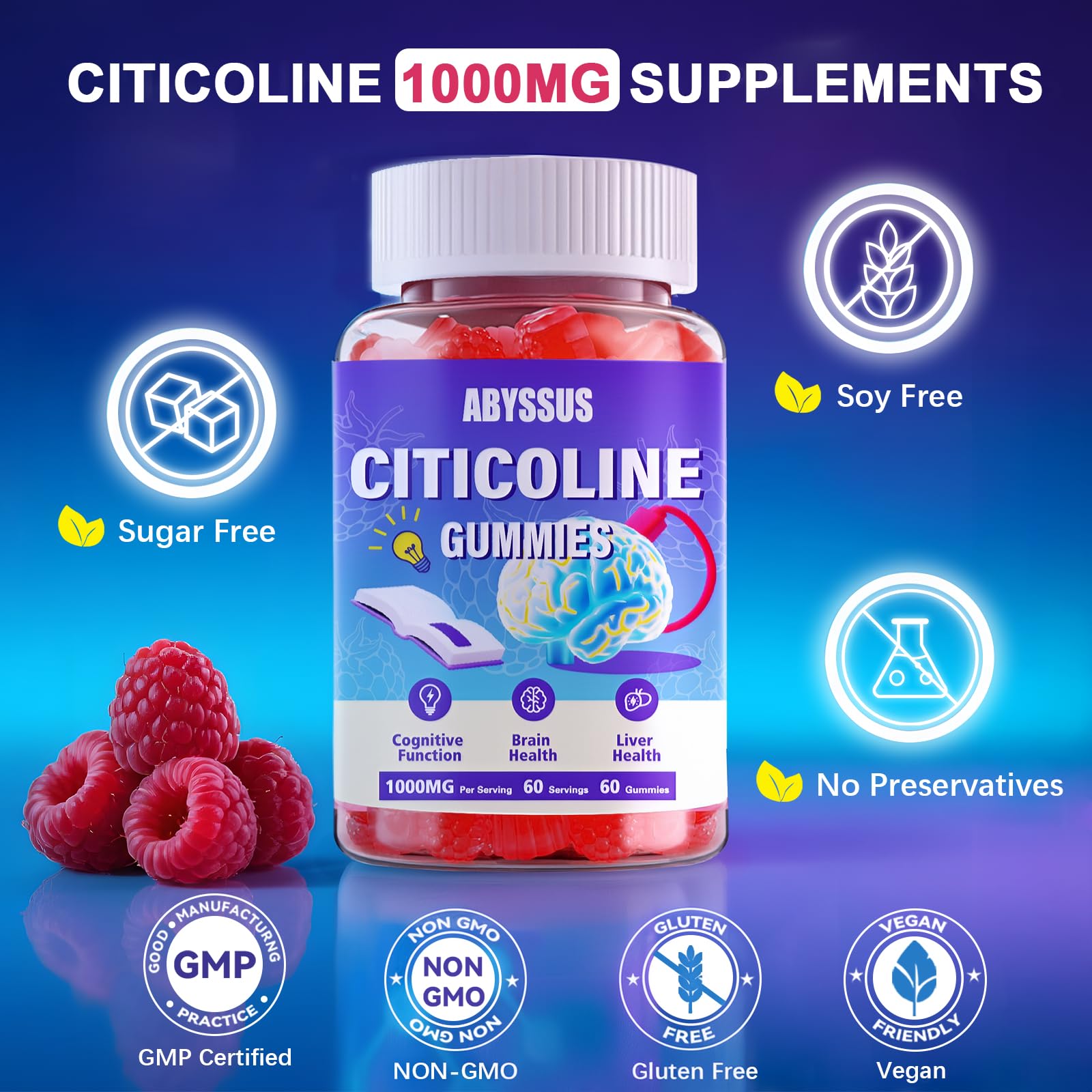 ABYSSUS CDP Choline Gummies label detail highlights dosage and quality