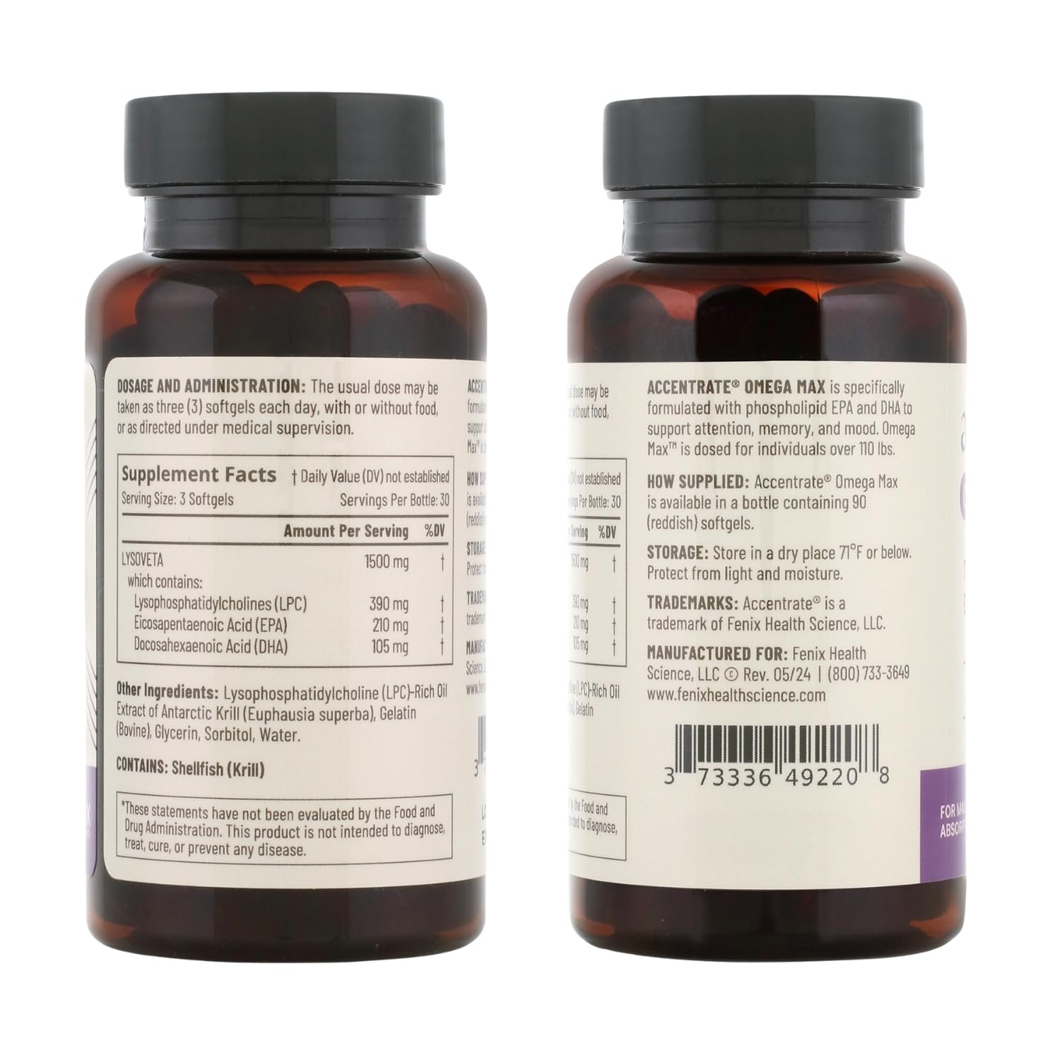Accentrate Omega Max bottle with serving illustrates retina support.