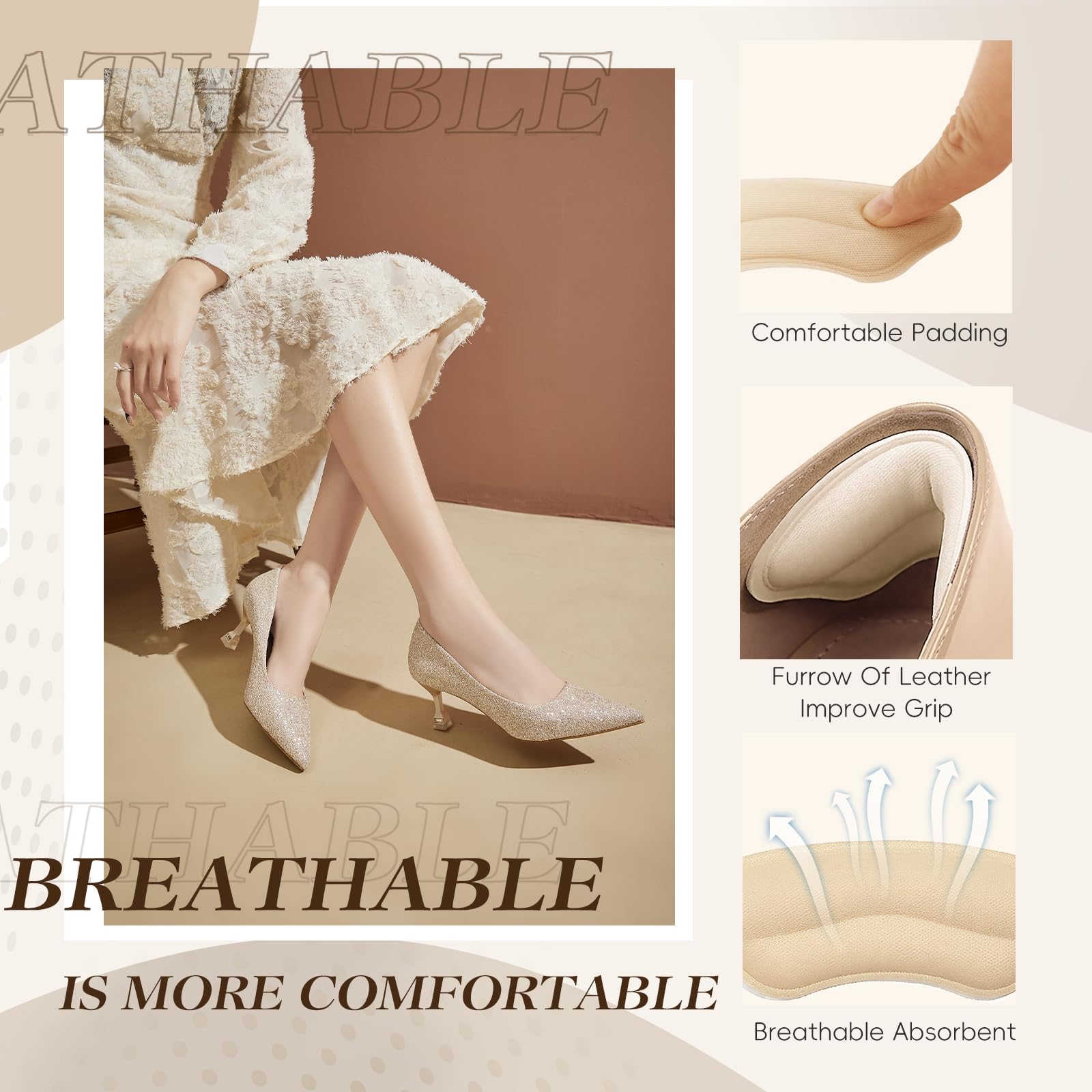 Accoglie anti-slip adhesive pads stay in place without residue on footwear.