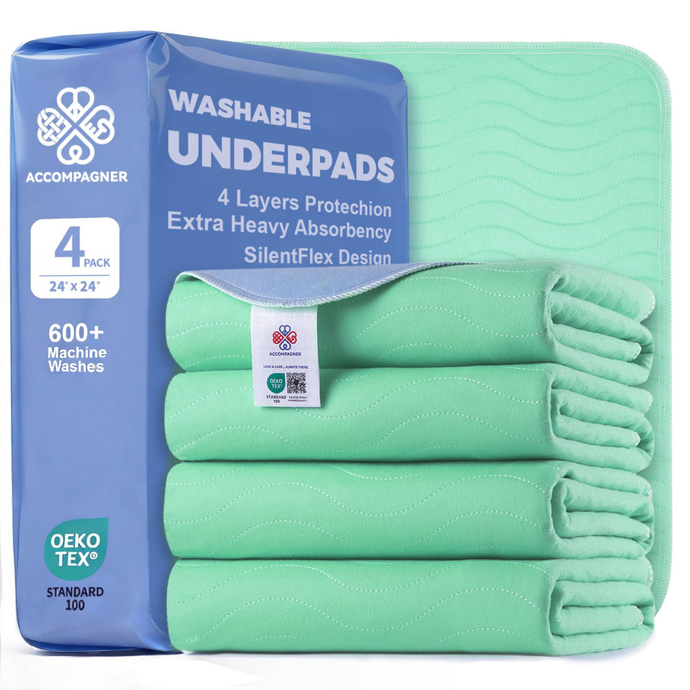 Accompagner waterproof reusable pads 24x24 green four-pack protecting mattress and furniture.