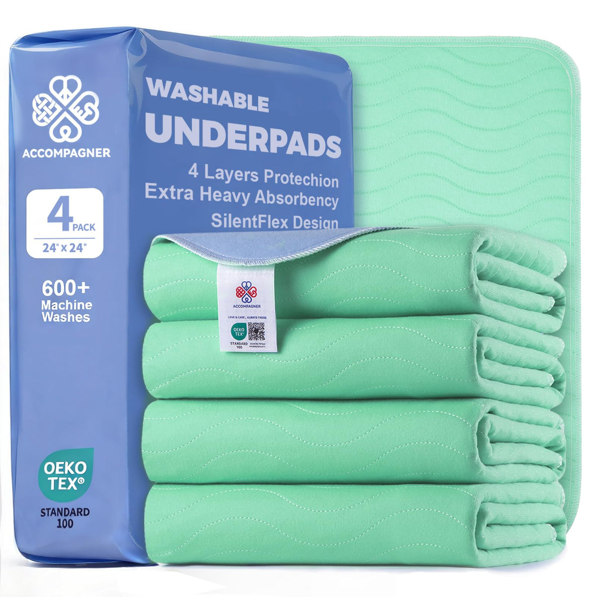 Accompagner waterproof reusable pads 24x24 green four-pack protecting mattress and furniture.