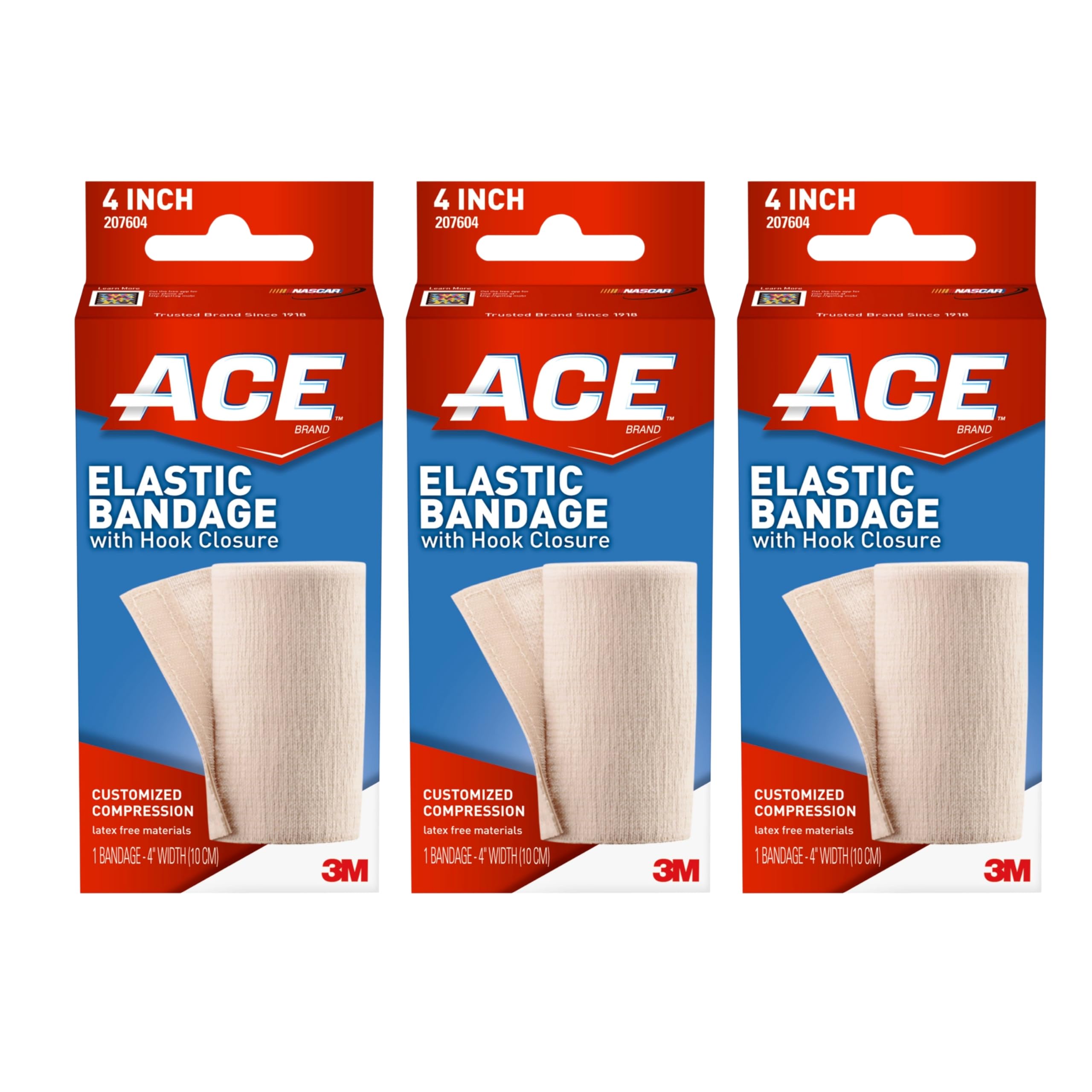 ACE elastic bandage with hook closure secures 4-inch wrap for reliable support.