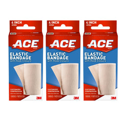 ACE elastic bandage with hook closure secures 4-inch wrap for reliable support.