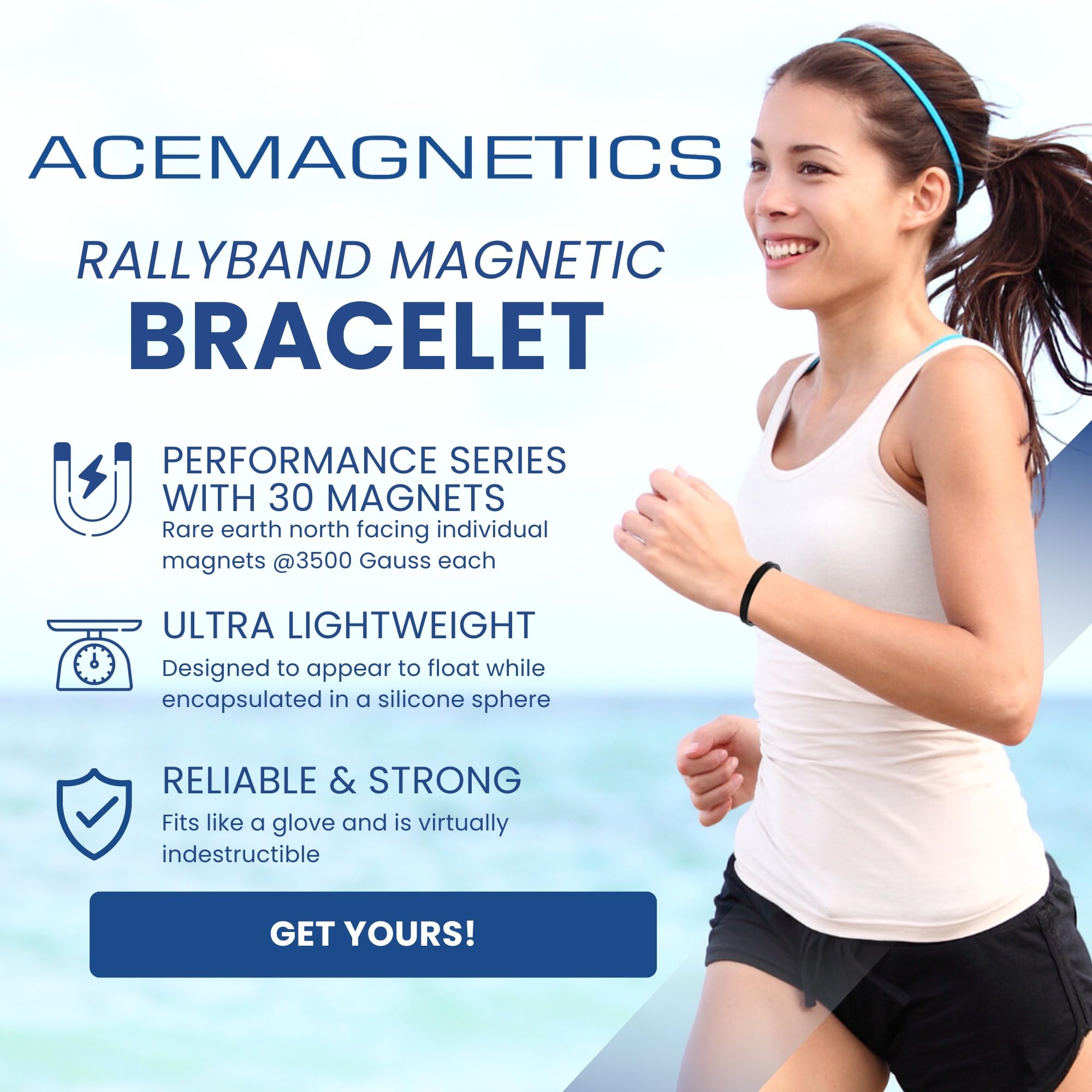 AceMagnetics Rally Band waterproof design for rain or sweat workouts.