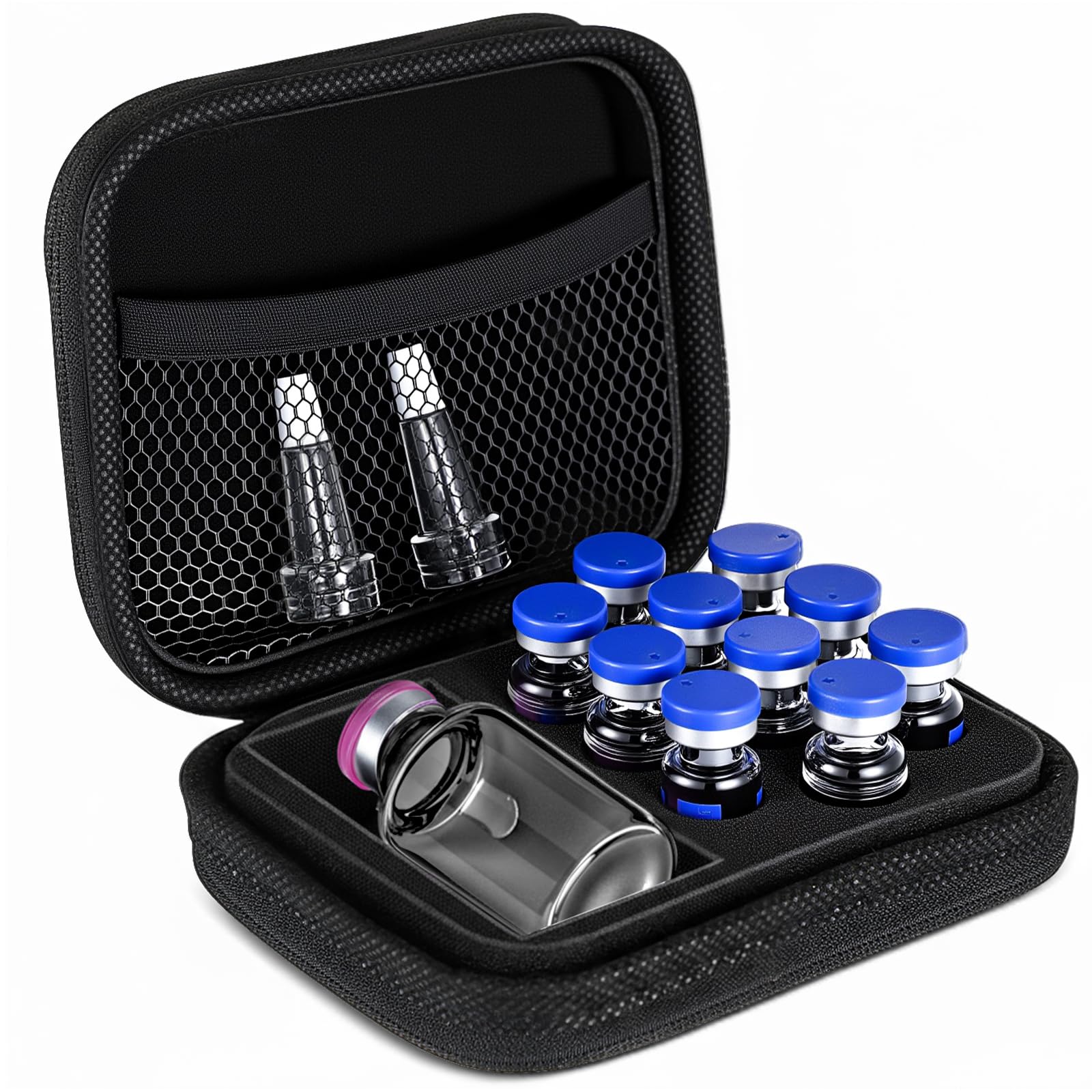 Acellegic peptide case securely stores ten 3ml bottles for organized travel.