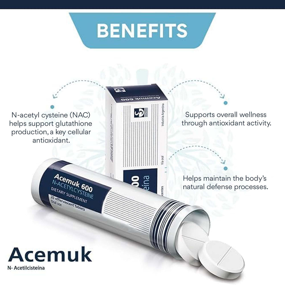Acemuk NAC 600 mg tablet closeup highlighting clean, easy-to-swallow formulation.