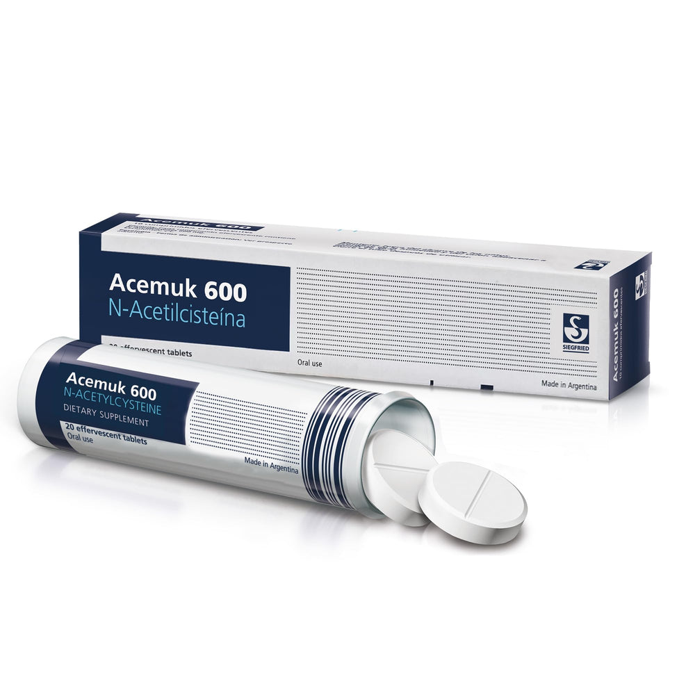 Acemuk NAC 600 mg tablets pack shown, supporting daily antioxidant-friendly routines.