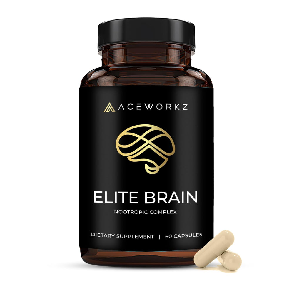ACEWORKZ Elite Brain bottle pour showing caffeine-free focus support for daily tasks