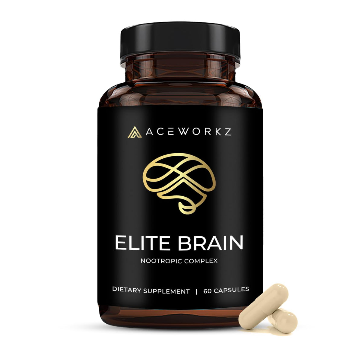 ACEWORKZ Elite Brain bottle pour showing caffeine-free focus support for daily tasks