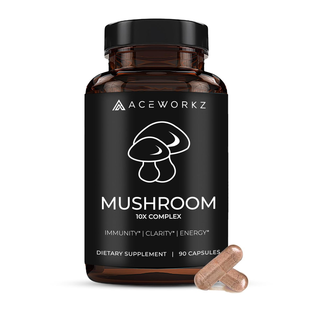 ACEWORKZ Mushroom Complex bottle ready for daily focus and immune support.