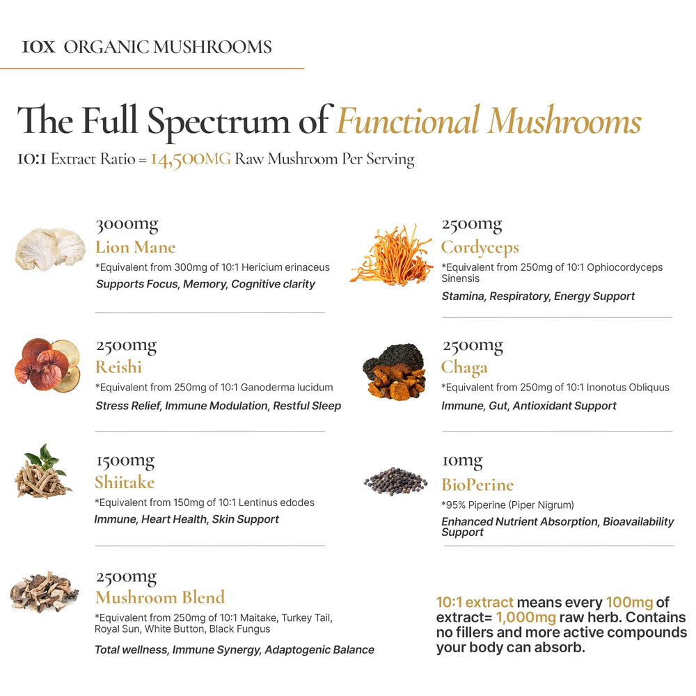 ACEWORKZ Mushroom Complex label highlights the 10-mushroom blend and BioPerine.