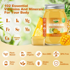 ACEYO sea moss gel bottle label highlights GMP safety and non-GMO