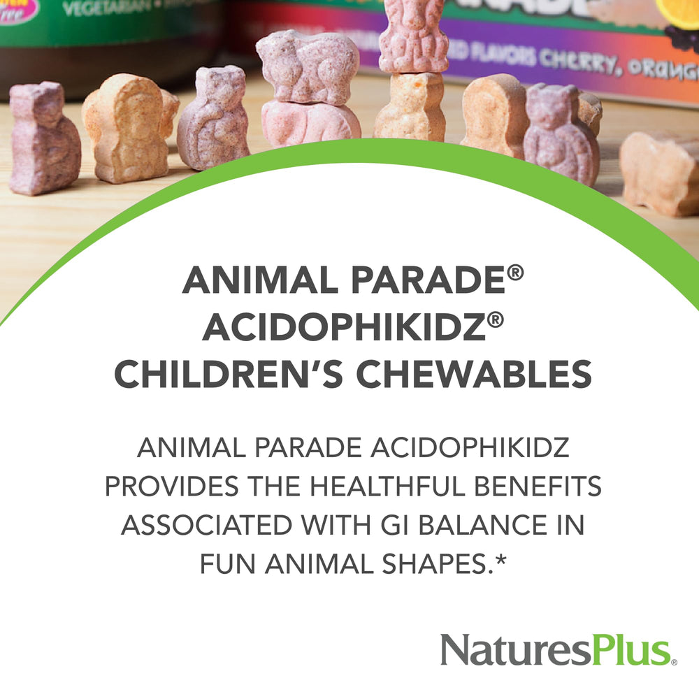 AcidophiKidz animal-shaped tablets shown as a colorful, kid-friendly collection.