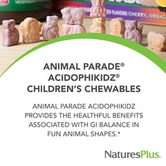 AcidophiKidz animal-shaped tablets shown as a colorful, kid-friendly collection.