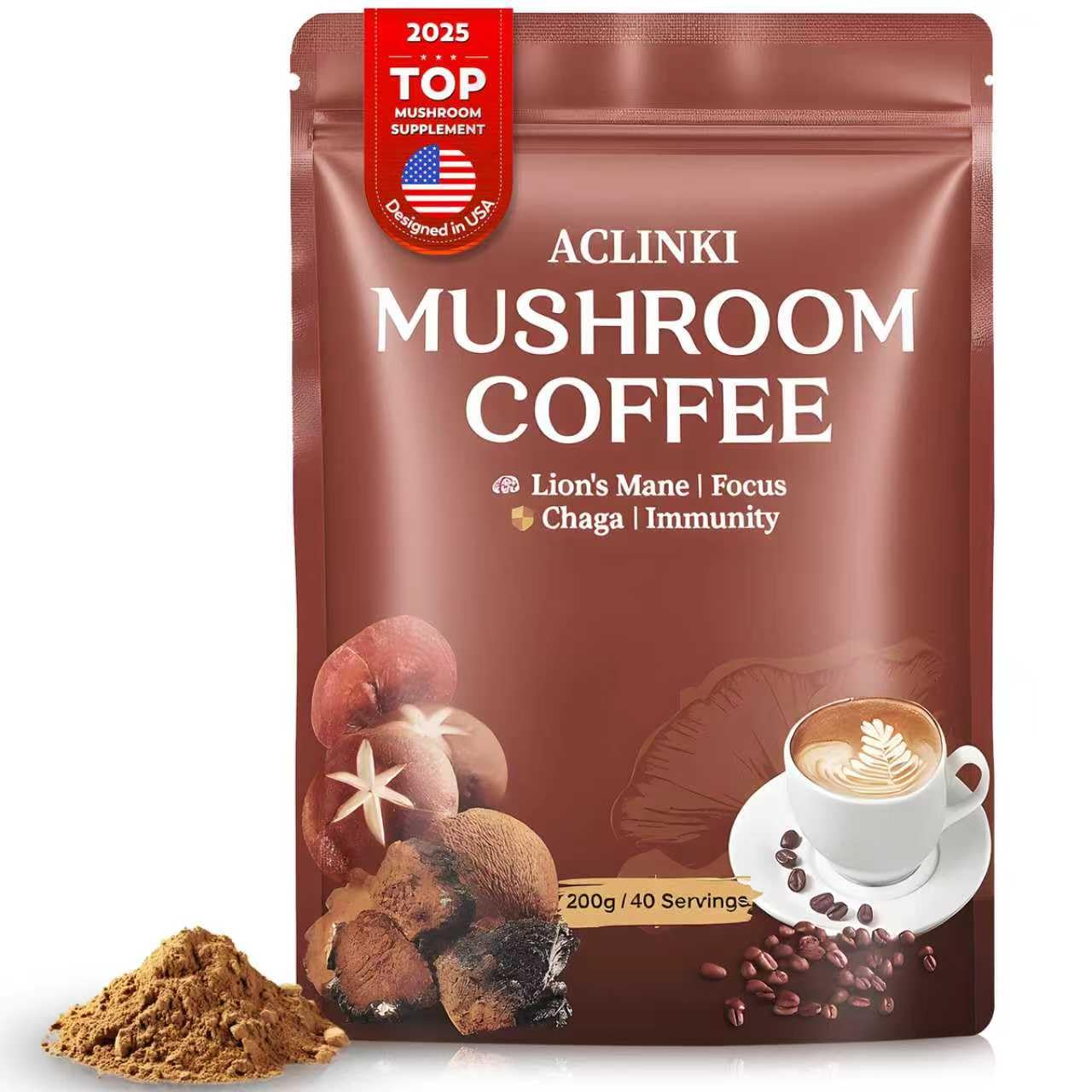 ACLINKI Organic Mushroom Coffee bag displays the seven-mushroom blend for focused mornings.