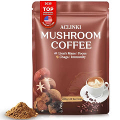 ACLINKI Organic Mushroom Coffee bag displays the seven-mushroom blend for focused mornings.