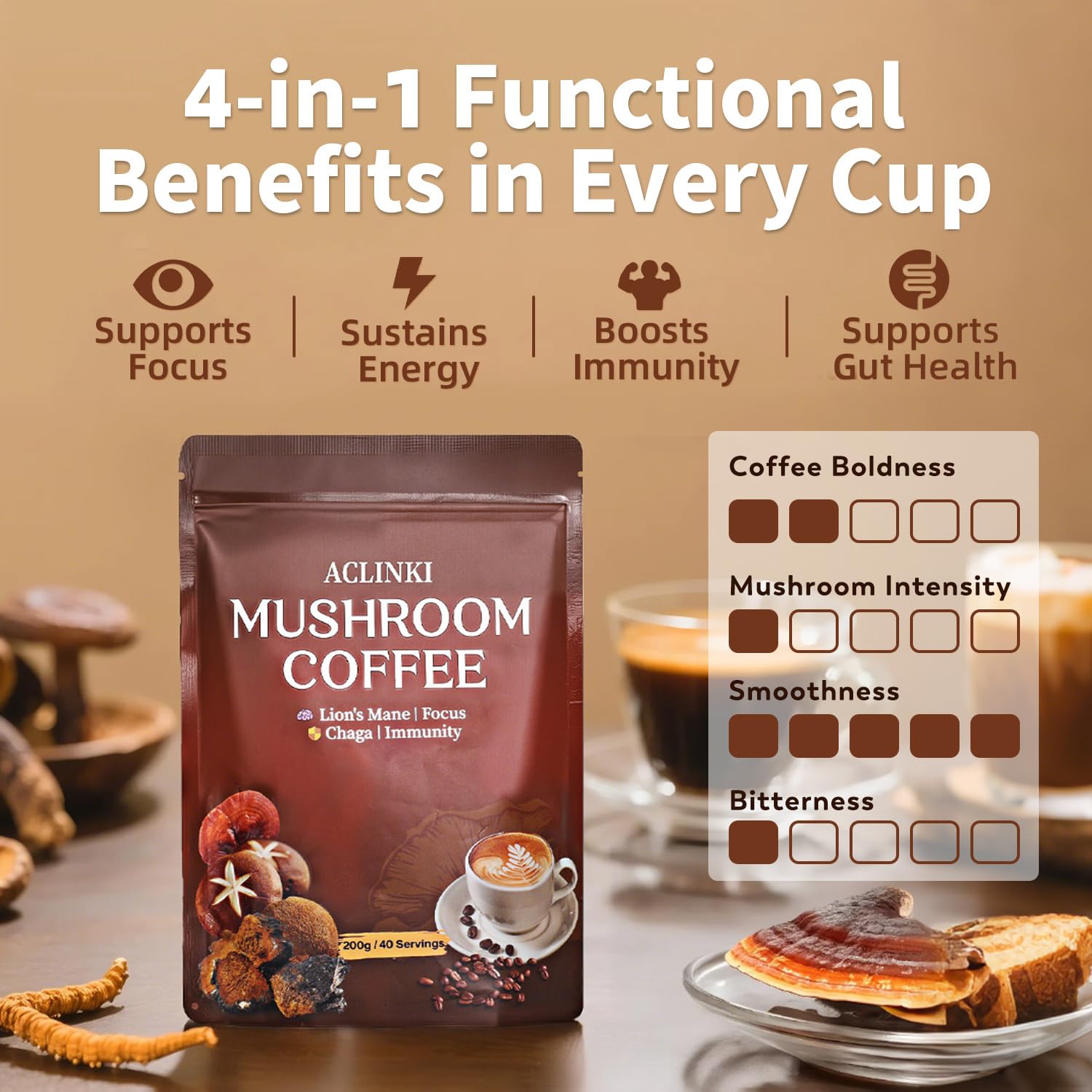 ACLINKI Organic Mushroom Coffee cup steaming highlights energy and alertness.