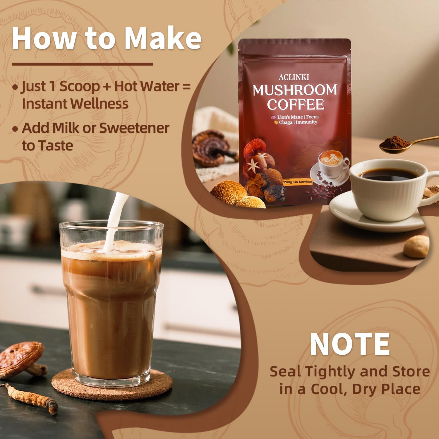 ACLINKI Organic Mushroom Coffee ingredients label close-up informs with transparent blend details.