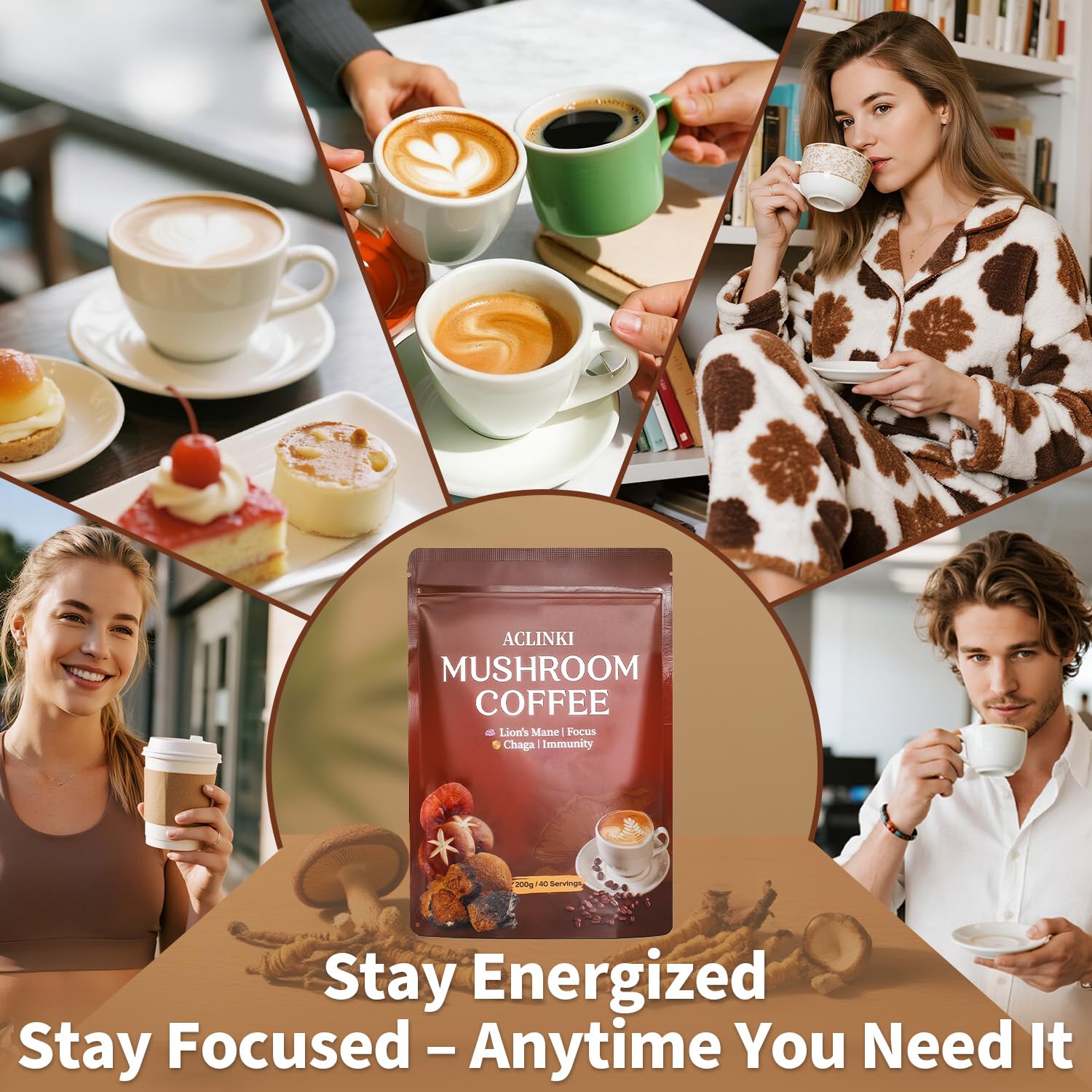 ACLINKI Organic Mushroom Coffee morning routine shot suggests a calm, productive start.