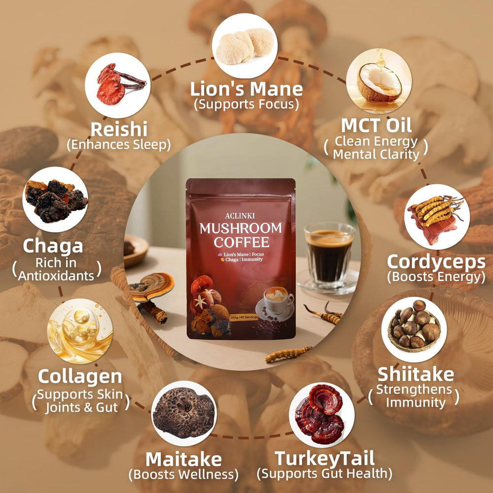 ACLINKI Organic Mushroom Coffee mushrooms collection emphasizes a natural, nutrient-rich blend.