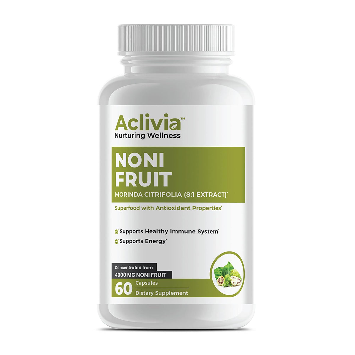 Aclivia Hawaiian Noni capsules bottle image shows convenient daily wellness support