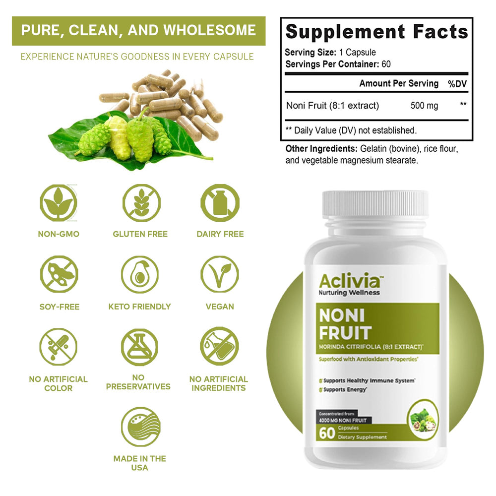 Aclivia Noni capsules glossy bottle seal signals strict quality control and premium sourcing